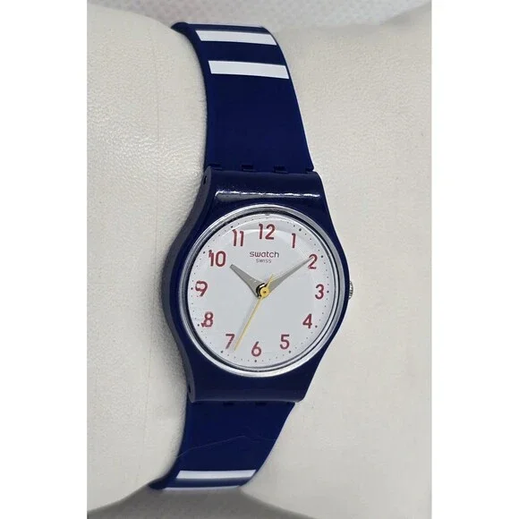 Women's Swatch Swiss Round White Dial Blue White Blue Red Rubber Strap Watch 04 - Picture 3 of 8